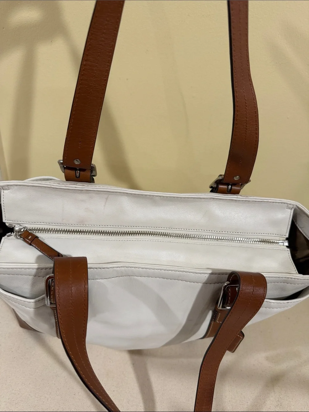 Coach White Leather Tote with Brown Trim and Straps Moms,work, Business Handbag